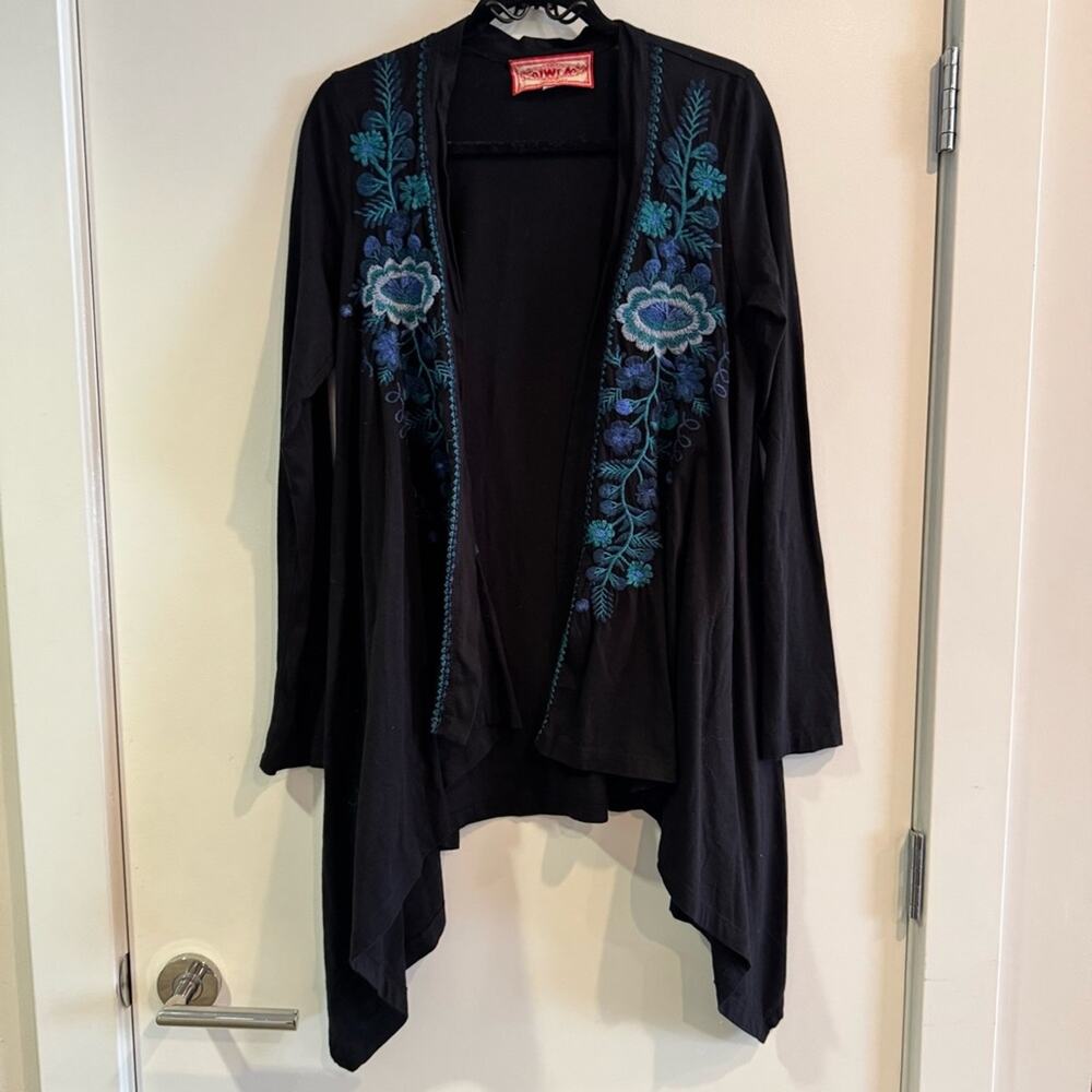 Johnny Was Black Blue Green Floral Embroidered Open Front Cardigan Womens size S